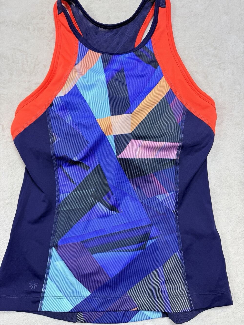 Athleta Running Tank Top Built In Bra ZipPocket Purple Geometric Athleisure Sz S